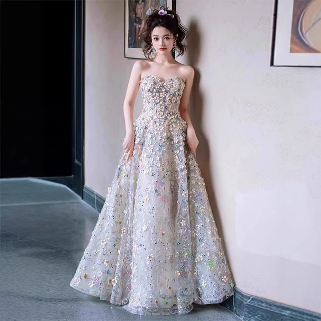 Evening Floral Mesh Gown A-Line Strapless