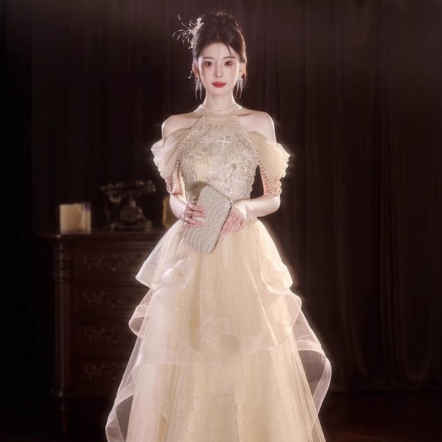 Gown Sequin Off-Shoulder A-Line Bead Evening