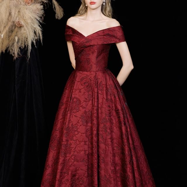 A-Line Short-Sleeve Gown Evening Floral Off-Shoulder