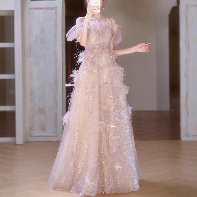 Gown Off-Shoulder Accent A-Line Glitter Flower Evening Mesh