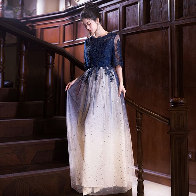 Evening Short-Sleeve (Various Lace Neck Gown Panel Gradient Designs) Round Dress Cocktail /