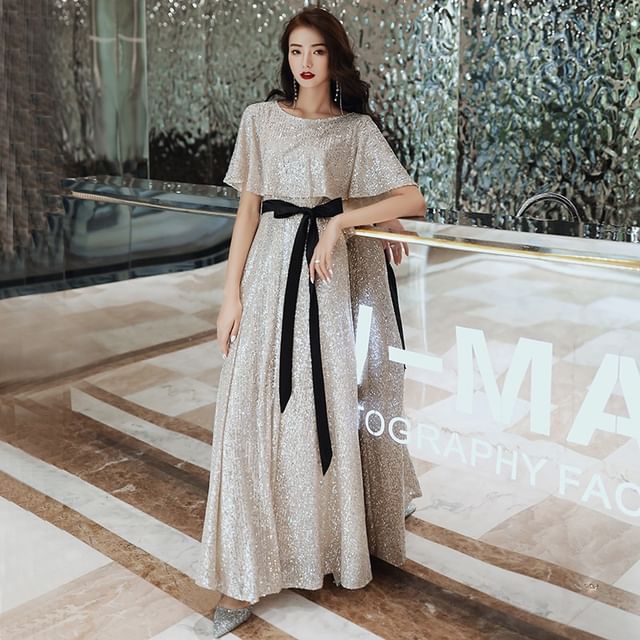 Gown Evening Round Neck A-Line Glitter Elbow-Sleeve