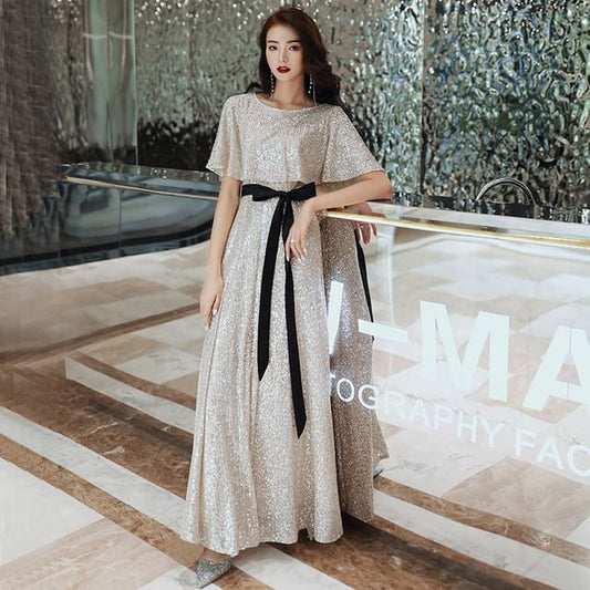 Gown Evening Round Neck A-Line Glitter Elbow-Sleeve