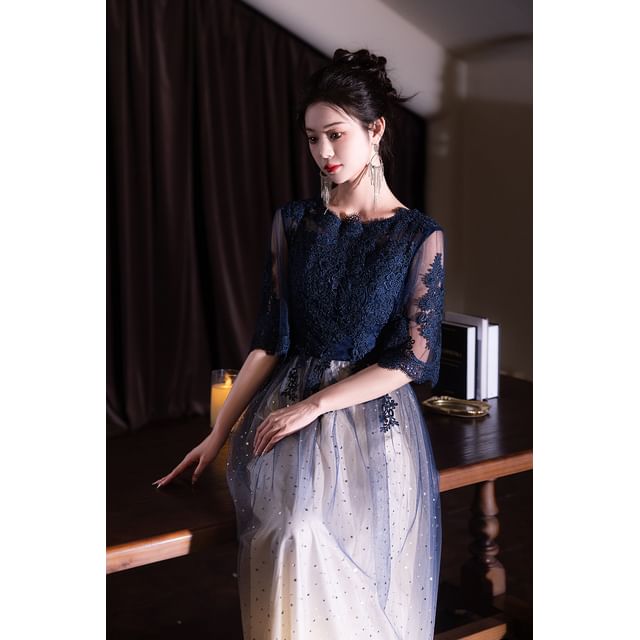 Evening Short-Sleeve (Various Lace Neck Gown Panel Gradient Designs) Round Dress Cocktail /