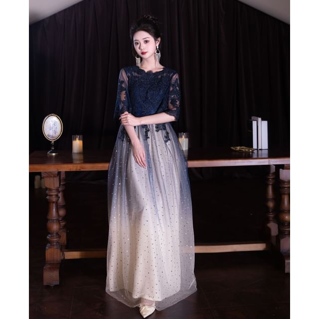 Evening Short-Sleeve (Various Lace Neck Gown Panel Gradient Designs) Round Dress Cocktail /
