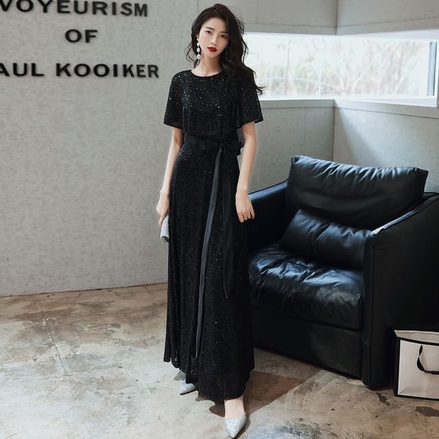 Gown Evening Round Neck A-Line Glitter Elbow-Sleeve