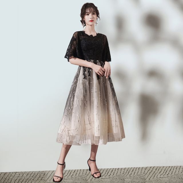 Evening (Various V-Neck Short-Sleeve Glitter Gown Designs) Gradient