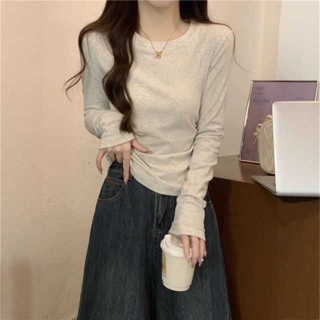 Ruched Plain Crew Neck Long-Sleeved Tee