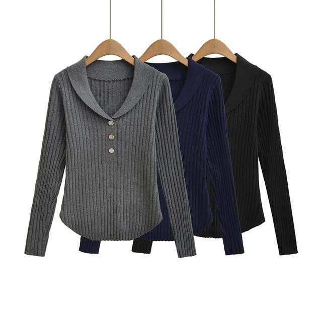Ribbed Knit Henley Collared Long-Sleeved Top