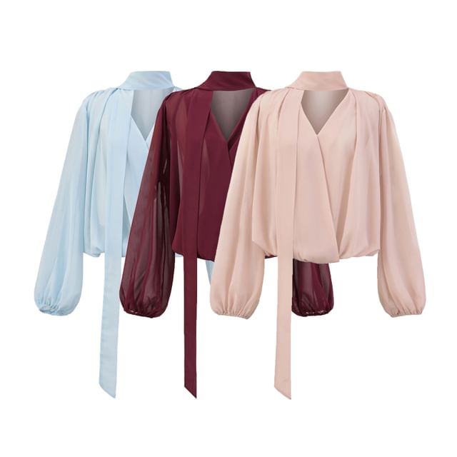 Plain Tie-Neck Long-Sleeved Blouse