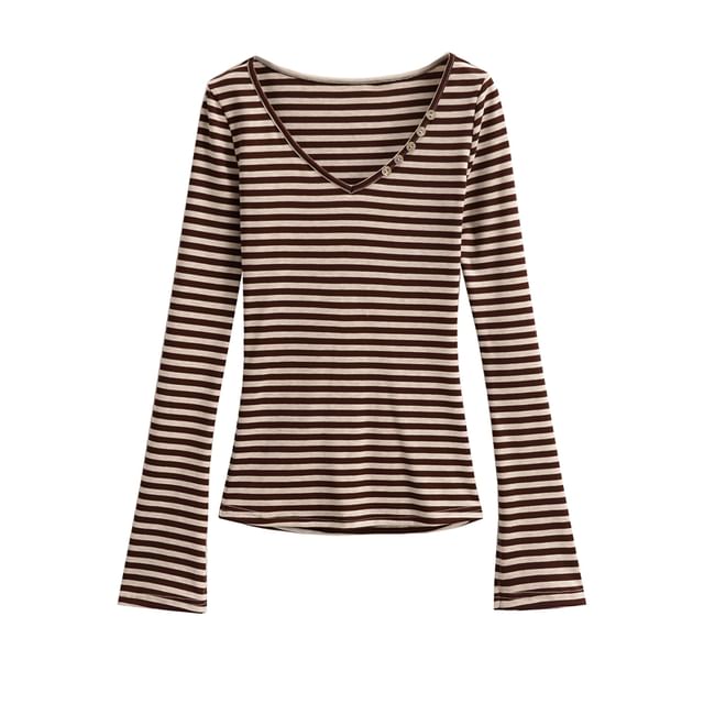 Striped Slim-Fit V-Neck Long-Sleeved Tee