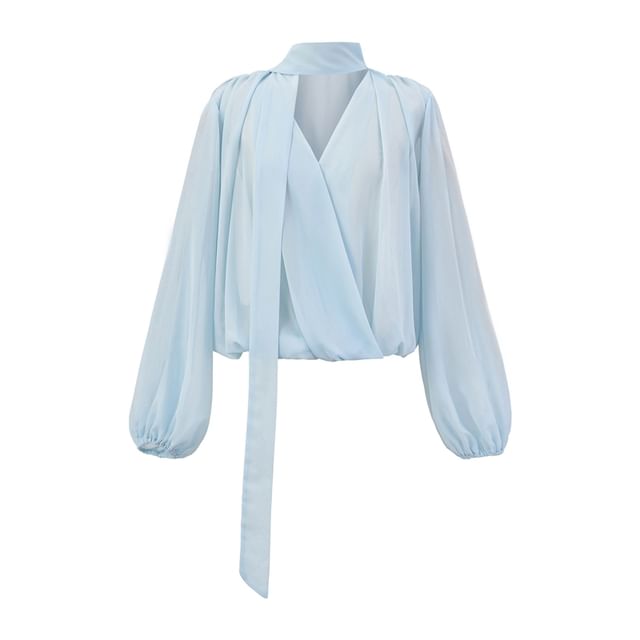 Plain Tie-Neck Long-Sleeved Blouse