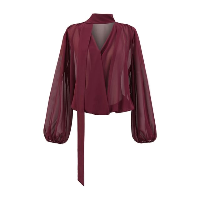 Plain Tie-Neck Long-Sleeved Blouse