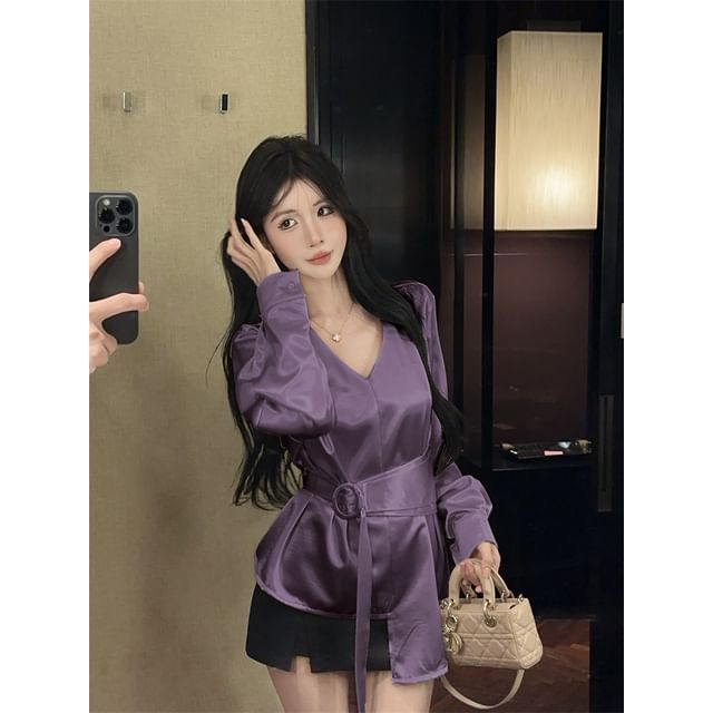Asymmetric Plain V-Neck Long-Sleeved Blouse Set with Belt