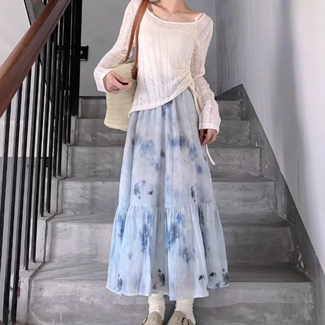 Sheer Perforated Drawstring Scoop Neck Knit Top Set