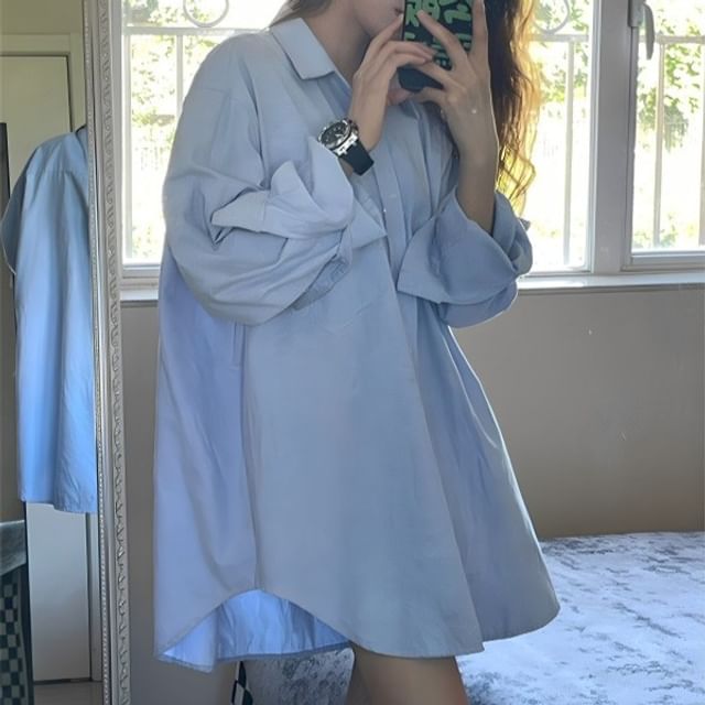 Oversized Plain Button-Up Long-Sleeved Shirt