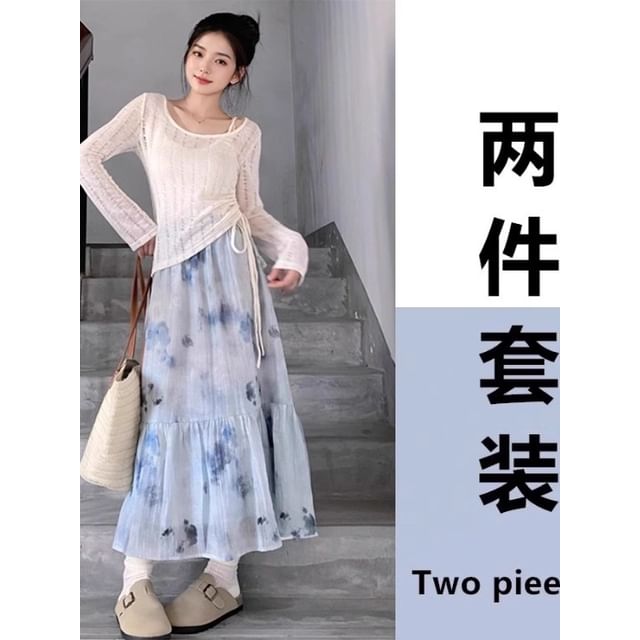 Sheer Perforated Drawstring Scoop Neck Knit Top Set