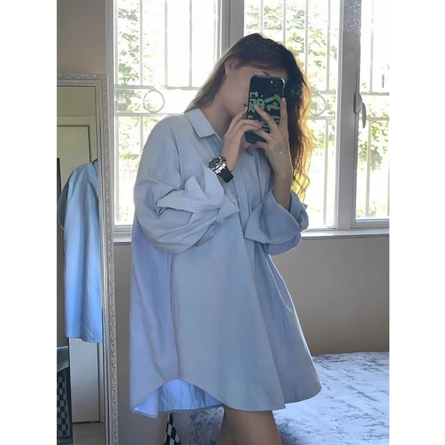 Oversized Plain Button-Up Long-Sleeved Shirt