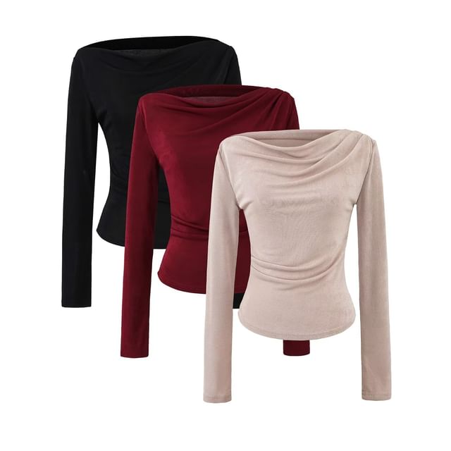 Ruched Plain Cowl Neck Long-Sleeved Tee