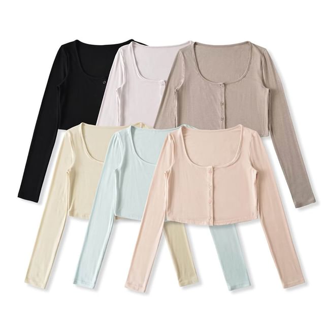 Plain Button-Up Square Neck Long-Sleeved Crop Tee