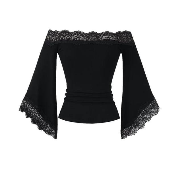 Lace-Trim Off-Shoulder Plain 3/4-Sleeved Crop Tee