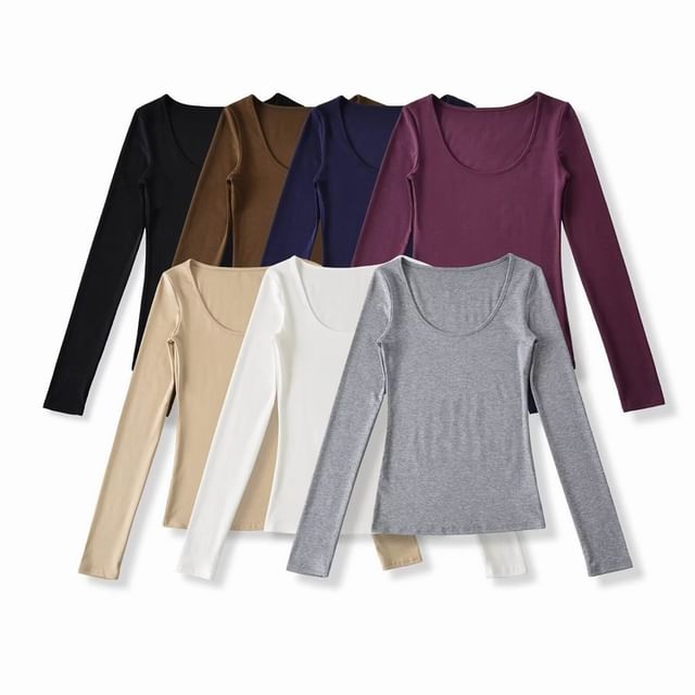 Ruched Plain Scoop Neck Long-Sleeved T-Shirt