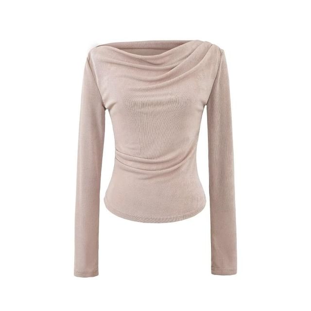 Ruched Plain Cowl Neck Long-Sleeved Tee
