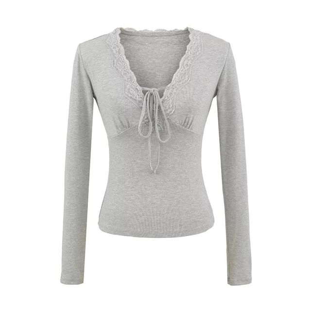 Lace-Trim Plain V-Neck Long-Sleeved Tee