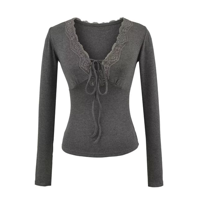 Lace-Trim Plain V-Neck Long-Sleeved Tee