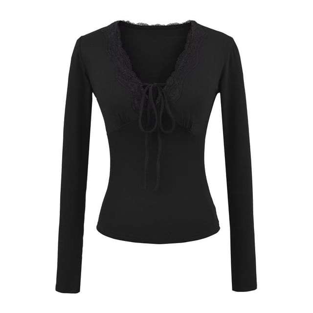 Lace-Trim Plain V-Neck Long-Sleeved Tee