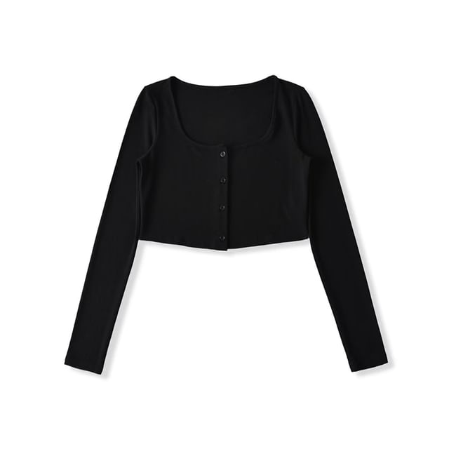 Plain Button-Up Square Neck Long-Sleeved Crop Tee