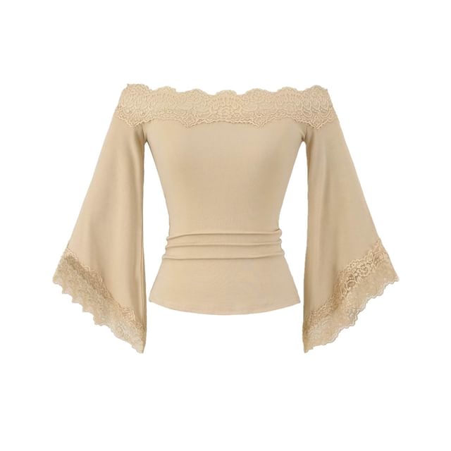 Lace-Trim Off-Shoulder Plain 3/4-Sleeved Crop Tee