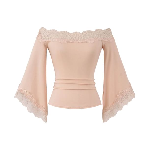 Lace-Trim Off-Shoulder Plain 3/4-Sleeved Crop Tee
