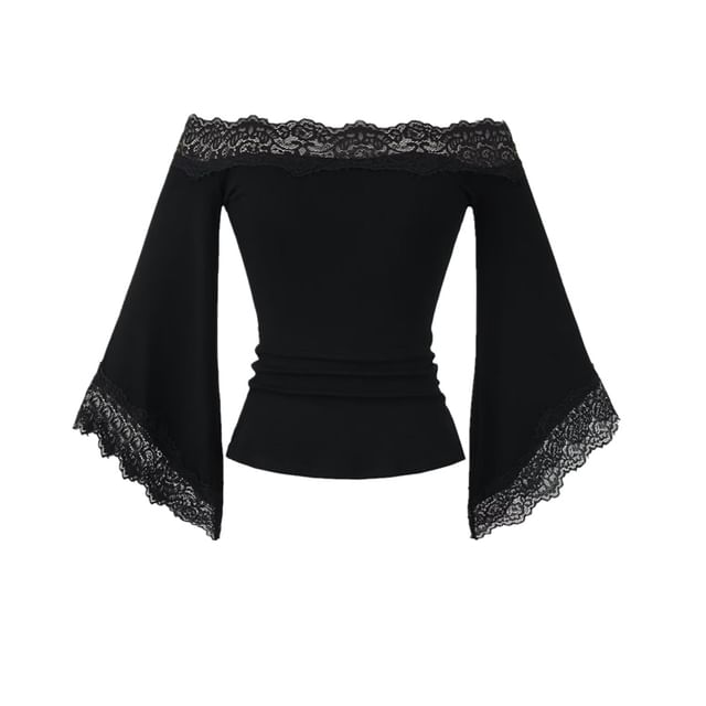 Lace-Trim Off-Shoulder Plain 3/4-Sleeved Crop Tee