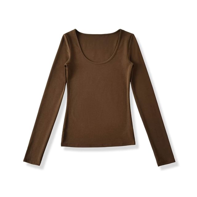 Ruched Plain Scoop Neck Long-Sleeved T-Shirt