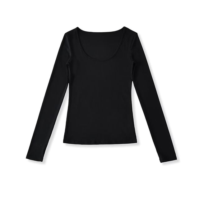 Ruched Plain Scoop Neck Long-Sleeved T-Shirt