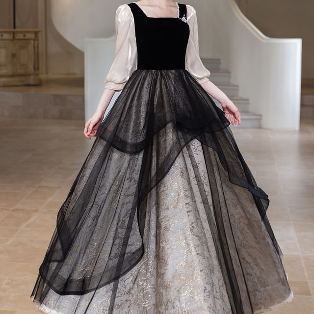 Panel A-Line Pearl Overlay Square Gown Trim (Various Jacquard Mesh Neck Faux Designs) Evening