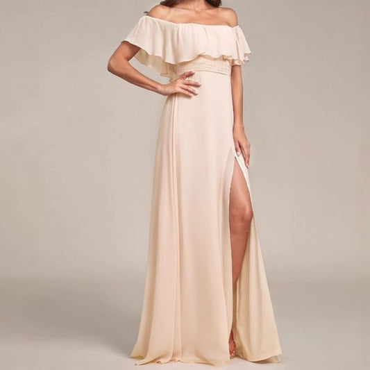 Evening Gown Off Trim Slit Ruffle A-Line Plain Shoulder
