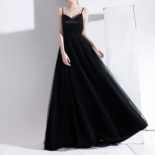 A-Line V-Neck Gown Spaghetti Evening Plain Strap