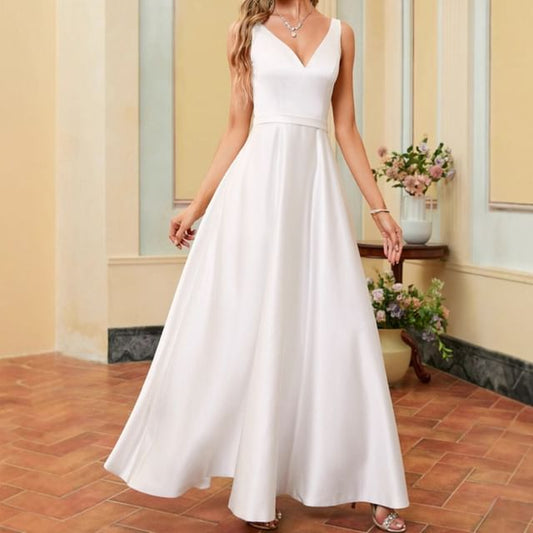 Plain A-Line Sleeveless Gown Evening V-Neck