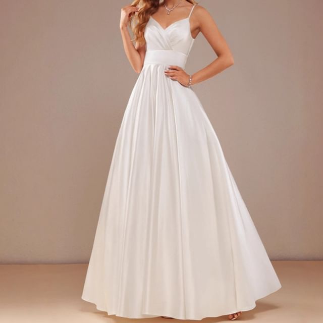 Strap Plain Gown Spaghetti V-Neck Evening