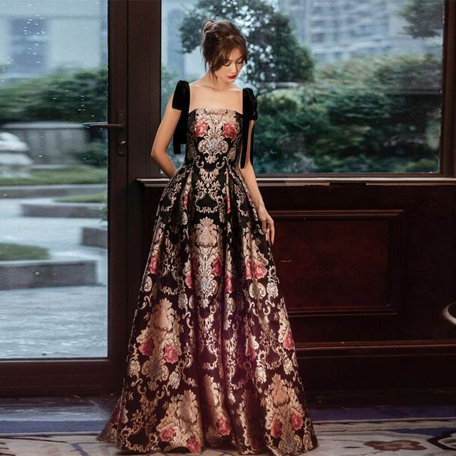 Sleeveless Floral A-Line Evening Print Gown