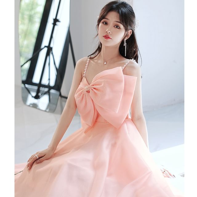 Gown A-Line Evening Plain Sleeveless Front Bow