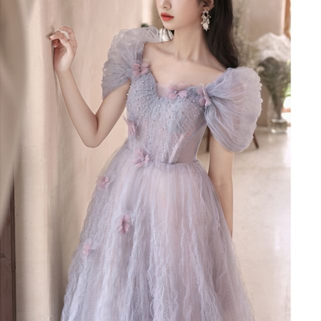 A-Line Gown Short-Sleeve Evening Mesh