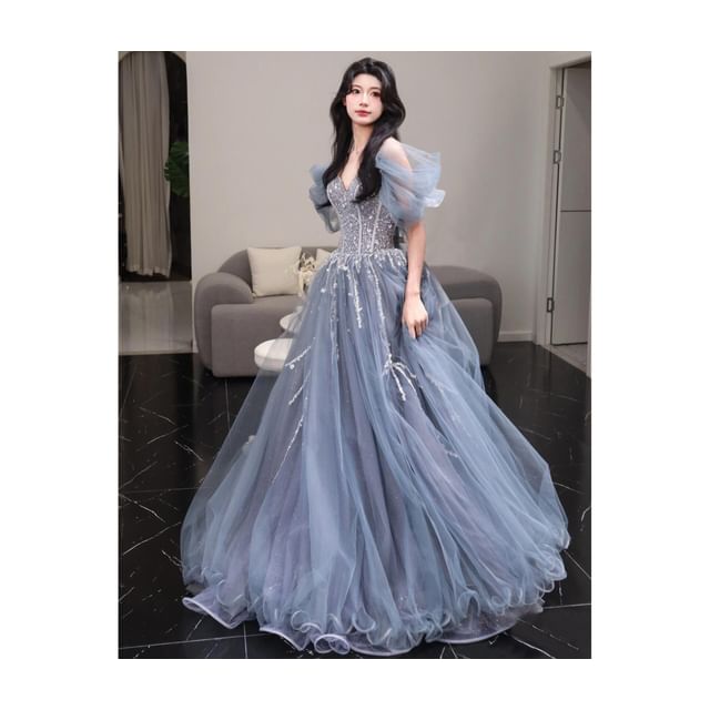 V-Neck Gown Evening Short-Sleeve Mesh A-Line Ball