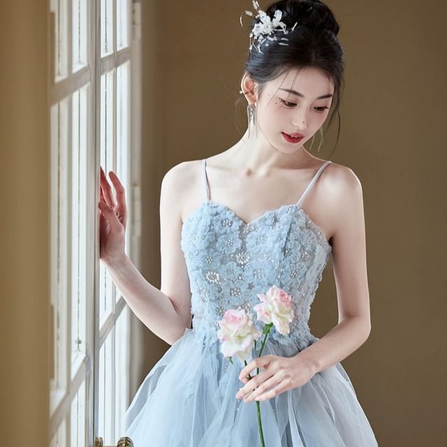 A-Line Strap Evening Spaghetti Gown Lace