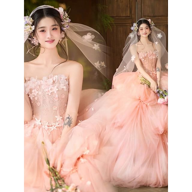 Plain Set / Veil Ball Gown Floral Strapless