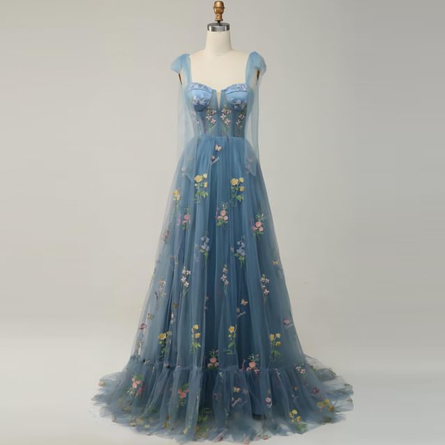 Sleeveless Embroidered Gown Evening A-Line Mesh Floral