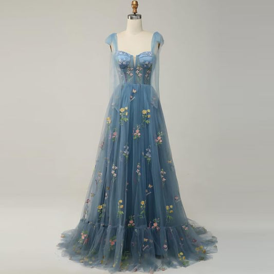 Sleeveless Embroidered Gown Evening A-Line Mesh Floral