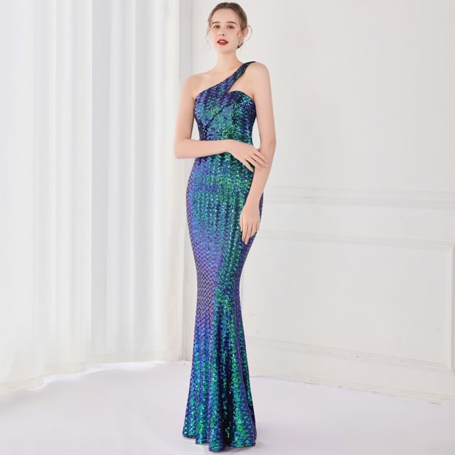 Mermaid Sleeveless Evening Gown One-Shoulder Sequin